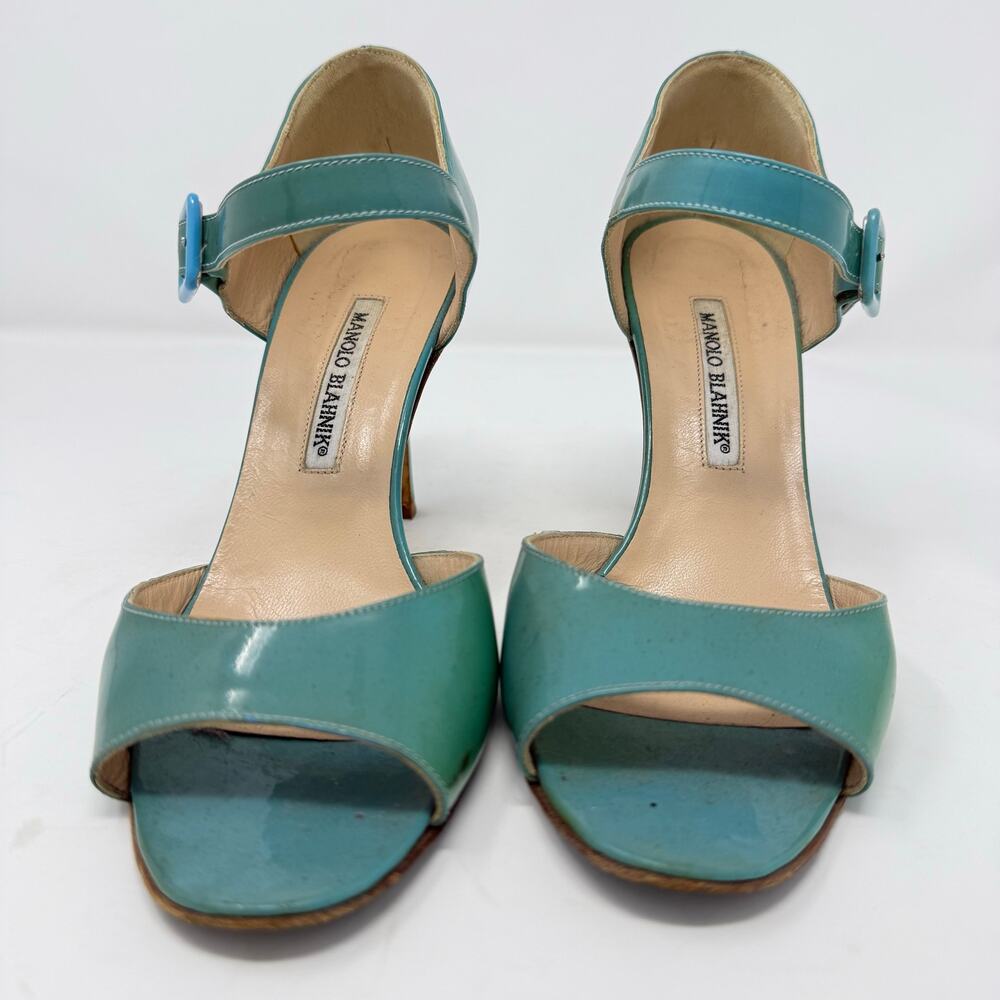 Manolo Blahnik Turquoise Blue Patent Leather Peep Toe Mary Jane Heeled Sandal 38 - Picture 6 of 10